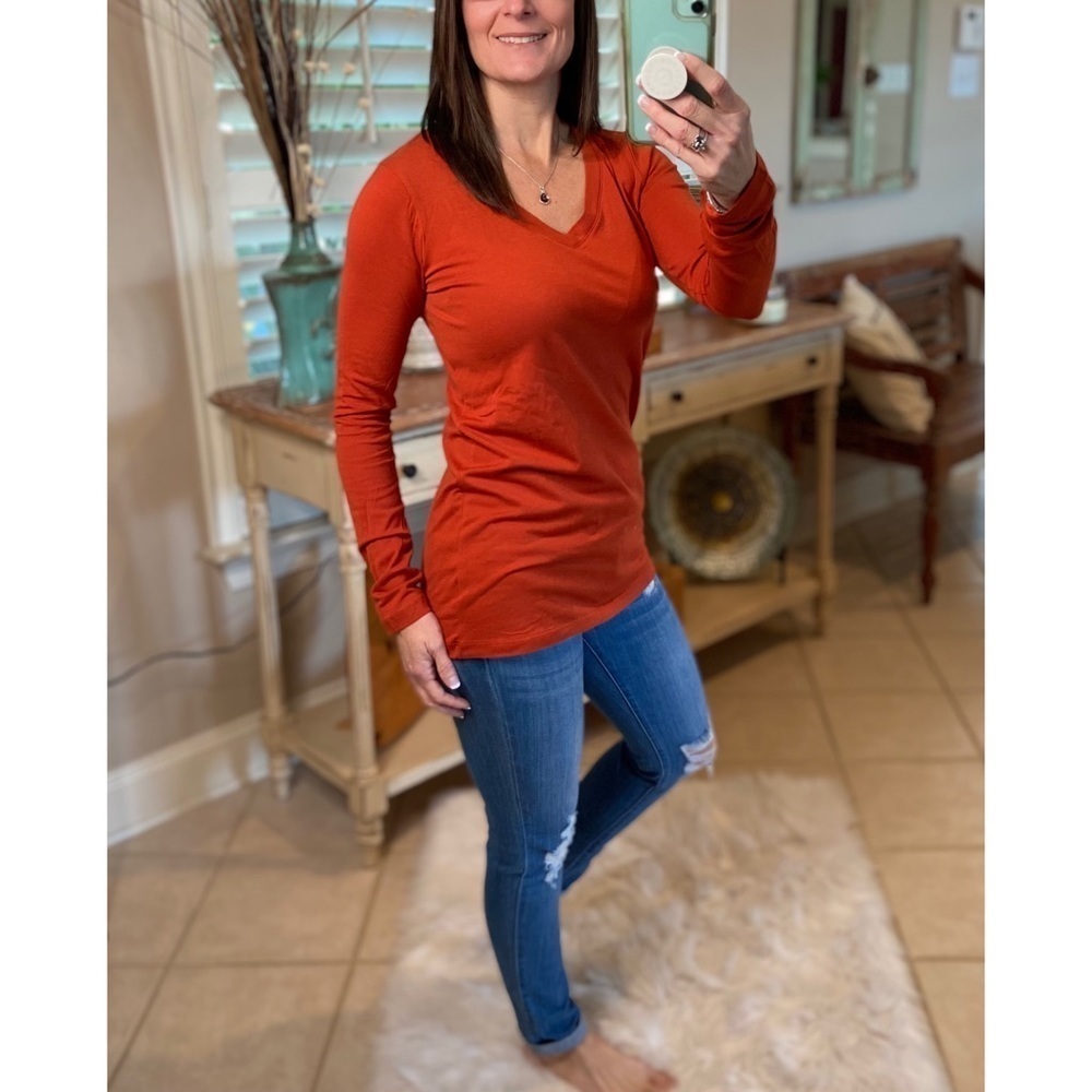 V Neck Long Sleeve Loose Basic Top Rust 0321